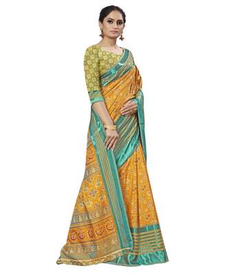 Mustard Printed Silk blend saree with blouse 4