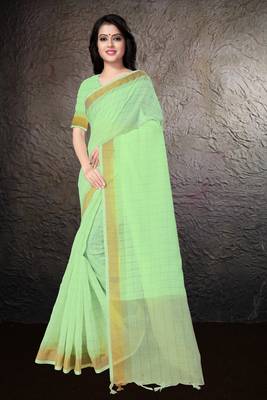 Green hand woven linen saree with blouse 1