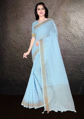 Sky blue hand woven linen saree with blouse 1