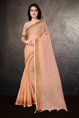 Orange hand woven linen saree with blouse 1