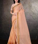 Orange hand woven linen saree with blouse
