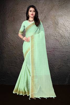 Green hand woven linen saree with blouse 1