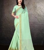 Green hand woven linen saree with blouse