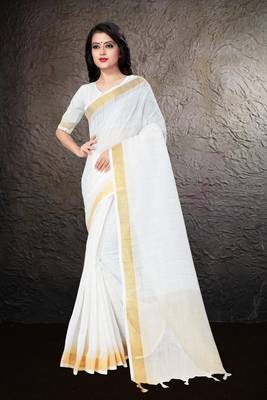 White hand woven linen saree with blouse 1