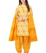 Women's Yellow & Cream Synthetic Printed Unstitch Dress Material With Dupatta