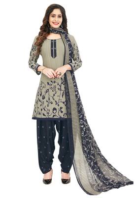 Women's Grey & Navy Blue Synthetic Printed Unstitch Dress Material With Dupatta 1