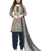 Women's Grey & Navy Blue Synthetic Printed Unstitch Dress Material With Dupatta