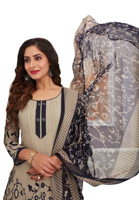 Women's Grey & Navy Blue Synthetic Printed Unstitch Dress Material With Dupatta 4