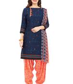 Women's Navy Blue & Peach Synthetic Printed Unstitch Dress Material With Dupatta