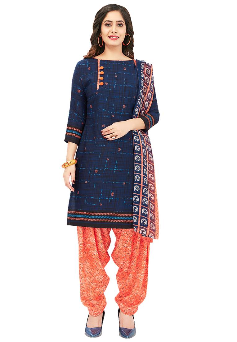 Women's Navy Blue & Peach Synthetic Printed Unstitch Dress Material With Dupatta
