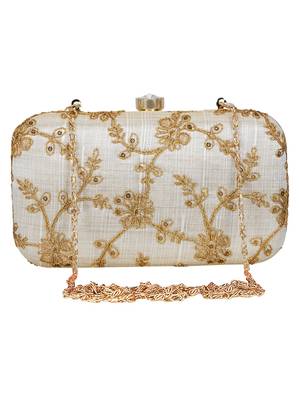 Anekaant Tulle Embroidered Sequines Faux Slik Clutch Offwhite & Gold 1