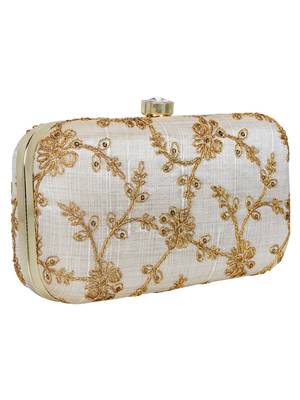 Anekaant Tulle Embroidered Sequines Faux Slik Clutch Offwhite & Gold 2