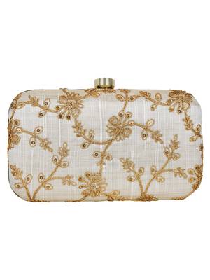 Anekaant Tulle Embroidered Sequines Faux Slik Clutch Offwhite & Gold 3