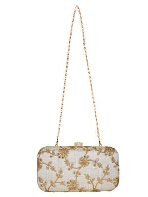 Anekaant Tulle Embroidered Sequines Faux Slik Clutch Offwhite & Gold 4
