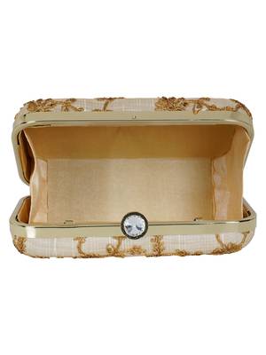 Anekaant Tulle Embroidered Sequines Faux Slik Clutch Offwhite & Gold 5