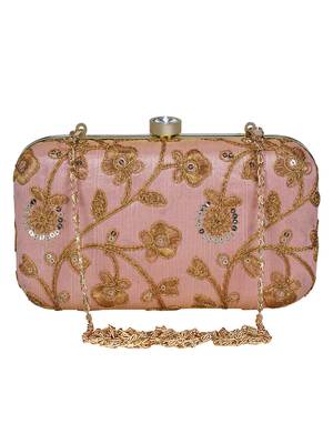 Anekaant Tulle Embroidered Sequines Faux Slik Clutch Peach & Gold 1