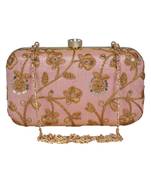 Anekaant Tulle Embroidered Sequines Faux Slik Clutch Peach & Gold