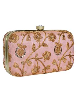 Anekaant Tulle Embroidered Sequines Faux Slik Clutch Peach & Gold 2