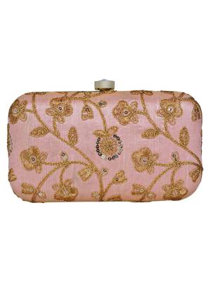 Anekaant Tulle Embroidered Sequines Faux Slik Clutch Peach & Gold 3
