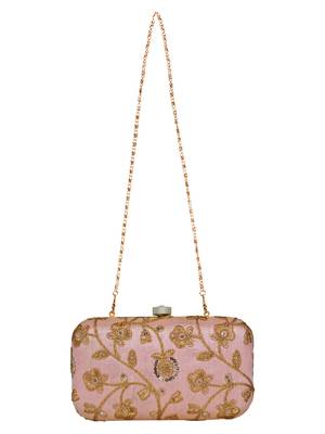 Anekaant Tulle Embroidered Sequines Faux Slik Clutch Peach & Gold 4