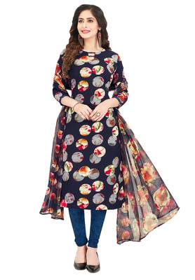 Women's Navy Blue & Multicolor Synthetic Printed Unstitch Dress Material With Dupatta 1