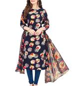 Women's Navy Blue & Multicolor Synthetic Printed Unstitch Dress Material With Dupatta