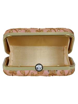 Anekaant Tulle Embroidered Sequines Faux Slik Clutch Peach & Gold 5