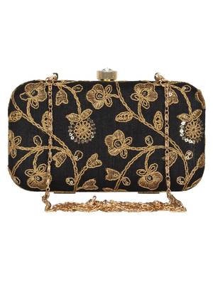 Anekaant Tulle Embroidered Sequines Faux Slik Clutch Black & Gold 1