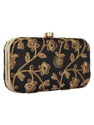 Anekaant Tulle Embroidered Sequines Faux Slik Clutch Black & Gold 2