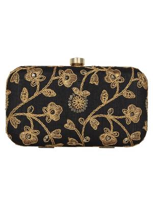 Anekaant Tulle Embroidered Sequines Faux Slik Clutch Black & Gold 3
