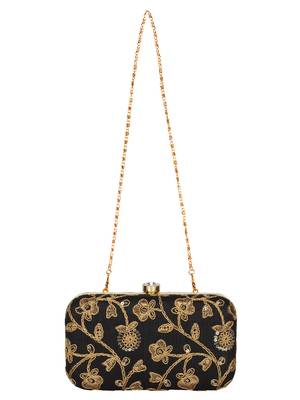 Anekaant Tulle Embroidered Sequines Faux Slik Clutch Black & Gold 4
