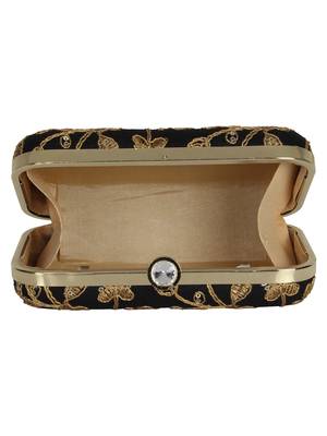 Anekaant Tulle Embroidered Sequines Faux Slik Clutch Black & Gold 5