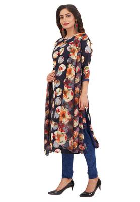 Women's Navy Blue & Multicolor Synthetic Printed Unstitch Dress Material With Dupatta 3