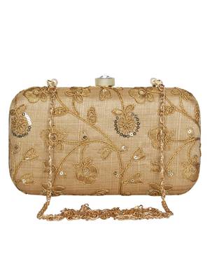 Anekaant Tulle Embroidered Sequines Faux Slik Clutch Beige & Gold 1