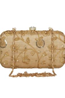 Anekaant Tulle Embroidered Sequines Faux Slik Clutch Beige & Gold