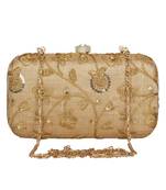 Anekaant Tulle Embroidered Sequines Faux Slik Clutch Beige & Gold