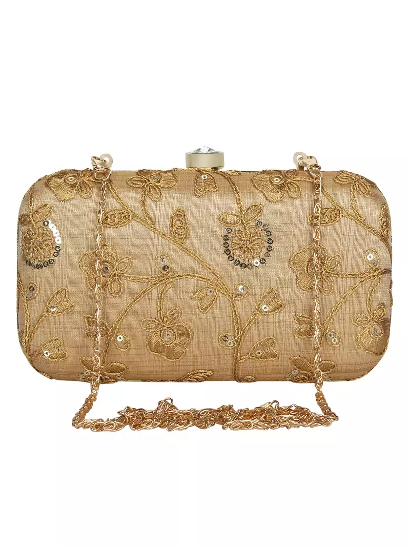 Anekaant Tulle Embroidered Sequines Faux Slik Clutch Beige & Gold