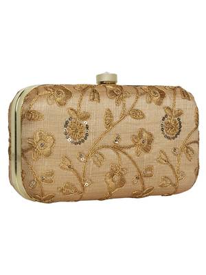 Anekaant Tulle Embroidered Sequines Faux Slik Clutch Beige & Gold 2