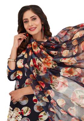 Women's Navy Blue & Multicolor Synthetic Printed Unstitch Dress Material With Dupatta 4