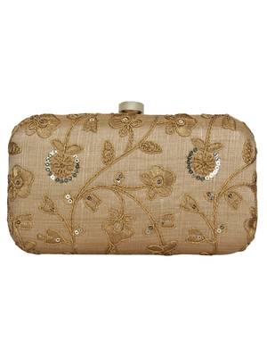 Anekaant Tulle Embroidered Sequines Faux Slik Clutch Beige & Gold 3