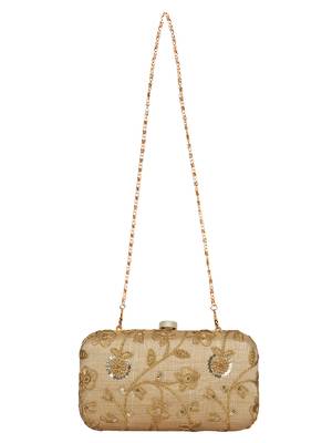 Anekaant Tulle Embroidered Sequines Faux Slik Clutch Beige & Gold 4