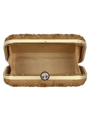 Anekaant Tulle Embroidered Sequines Faux Slik Clutch Beige & Gold 5