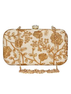 Anekaant Tulle Embroidered Faux Slik Clutch Cream &Gold 1