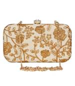 Anekaant Tulle Embroidered Faux Slik Clutch Cream &Gold