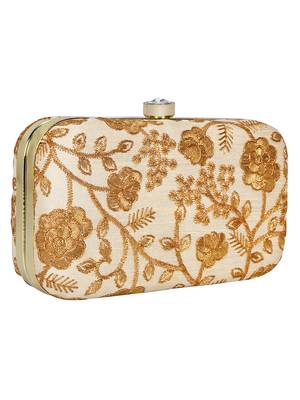 Anekaant Tulle Embroidered Faux Slik Clutch Cream &Gold 2