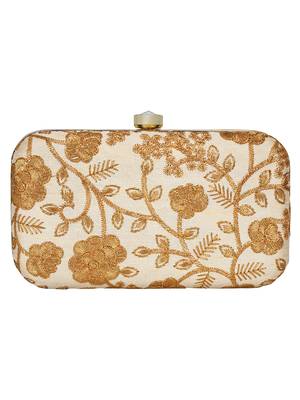 Anekaant Tulle Embroidered Faux Slik Clutch Cream &Gold 3