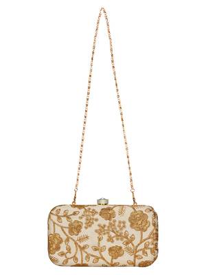 Anekaant Tulle Embroidered Faux Slik Clutch Cream &Gold 4