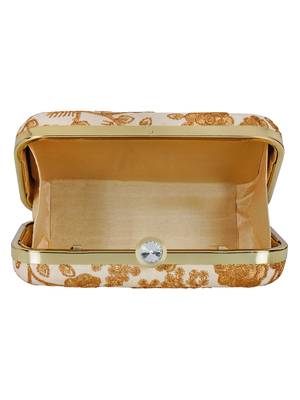 Anekaant Tulle Embroidered Faux Slik Clutch Cream &Gold 5
