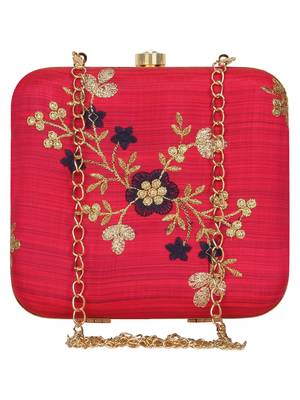 Anekaant Vista Embroidered Faux Silk Box Clutch Fuschia & Gold 1