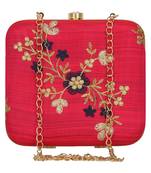 Anekaant Vista Embroidered Faux Silk Box Clutch Fuschia & Gold